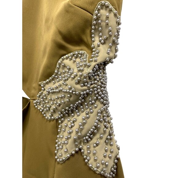 Avec Les Filles Olive Midi Dress Size 6 Beaded Floral Accent Halter Neck Cutout - Picture 5 of 9